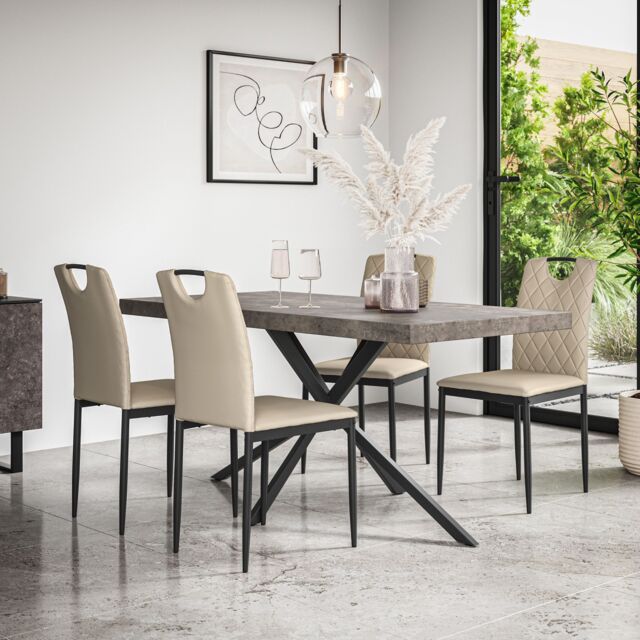 More4Homes Donni Dining Table & Chairs - Concrete Effect Table Top w Black Legs + Monza Faux Leather Dining Chair Set Of 4 in Beige - image 1