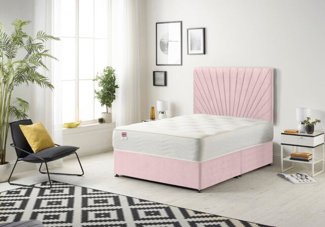 Somnior Platinum Ortho Sprung Memory Foam Mattress with Divan Bed with Headboard Plush Fabric in Pink - Size: Small Double - image 1