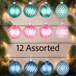 Shatchi Christmas Glass Baubles 12pcs Set - 8cm Green, Pink & Blue with 12 Assorted Festive Designs in Green - thumbnail 6