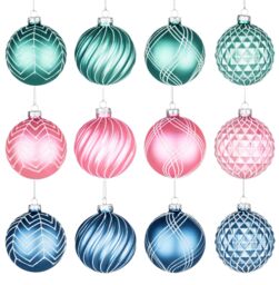 Shatchi Christmas Glass Baubles 12pcs Set - 8cm Green, Pink & Blue with 12 Assorted Festive Designs in Green