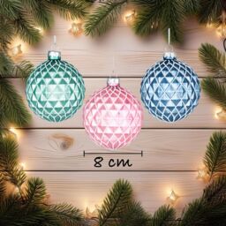 Shatchi Christmas Glass Baubles 12pcs Set - 8cm Green, Pink & Blue with 12 Assorted Festive Designs in Green - thumbnail 5