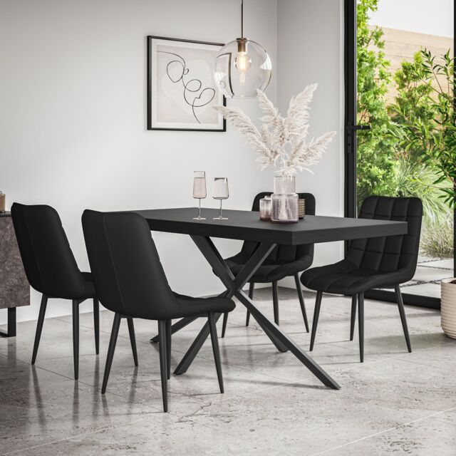More4Homes Donni Dining Table & Chairs - Black Table Top w Black Legs + Nova Faux Leather Dining Chair Set Of 4 - image 1