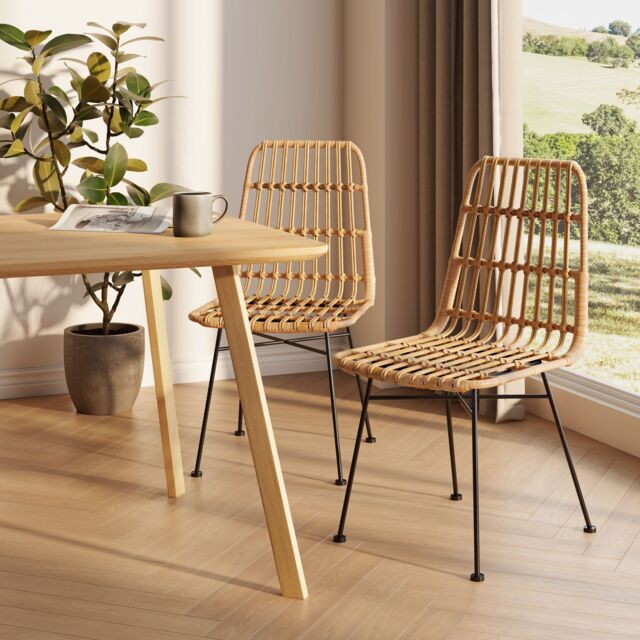 VonHaus Rattan Wicker Effect with Metal Legs Dining Chairs Set in Natural - Size: 2 Pack - image 1