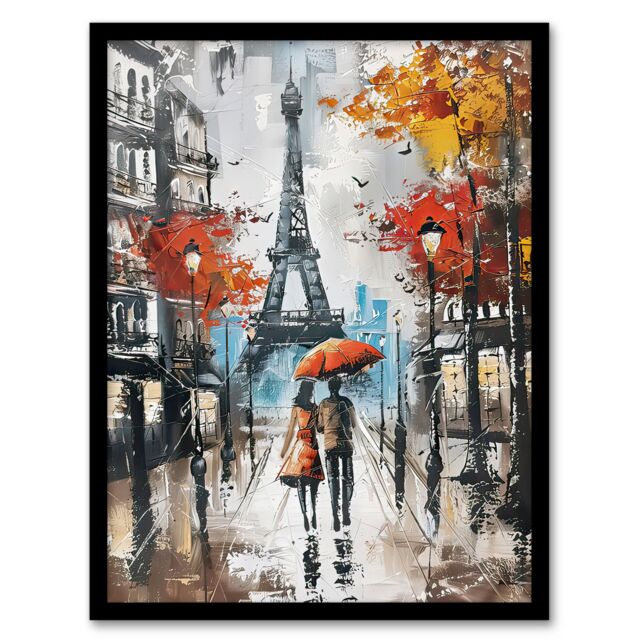 "Artery8 Umbrella Lovers Abstract Autumn Paris Cityscape Framed Art Print in Grey - Size: W12"" x H16""" - image 1