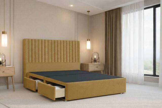 "Nexus Mattresses Ltd Amalfi Plush Divan Bed Base 2 Drawers Same Side - 54"" Headboard in Mustard - Size: Single" - image 1