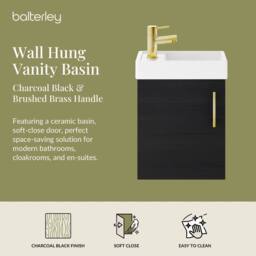 Balterley Wall Hung Vanity Basin 400mm Charcoal & Brushed Brass Handle in Black - thumbnail 2