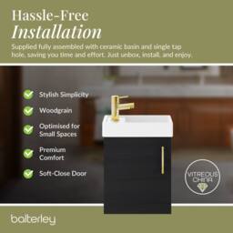 Balterley Wall Hung Vanity Basin 400mm Charcoal & Brushed Brass Handle in Black - thumbnail 7
