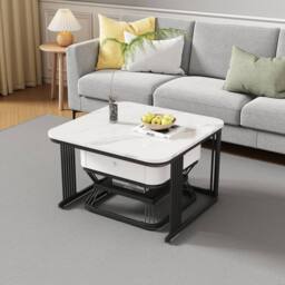 Merax White Marble Effect Nesting Coffee Table Set of 2 with Drawer & Shelf - thumbnail 3
