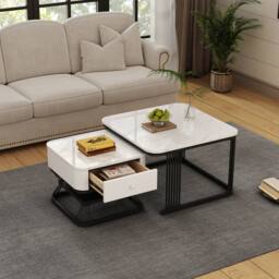 Merax White Marble Effect Nesting Coffee Table Set of 2 with Drawer & Shelf - thumbnail 7