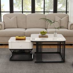 Merax White Marble Effect Nesting Coffee Table Set of 2 with Drawer & Shelf - thumbnail 1