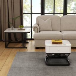 Merax White Marble Effect Nesting Coffee Table Set of 2 with Drawer & Shelf - thumbnail 6