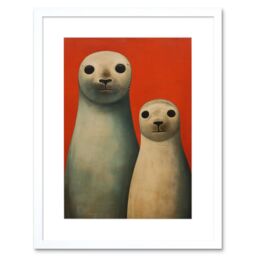 "Artery8 Wall Art Print Seal Pups Portrait White Cream On Red Crimson Coral Detailed Oil Painting Artwork Framed 9X7 Inch - Size: W7"" x H9""" - thumbnail 1