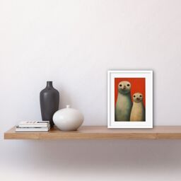 "Artery8 Wall Art Print Seal Pups Portrait White Cream On Red Crimson Coral Detailed Oil Painting Artwork Framed 9X7 Inch - Size: W7"" x H9""" - thumbnail 2