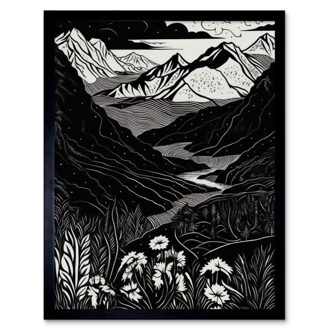 "Artery8 Wall Art Print Wildflowers in Spring Mountain Landscape Linocut Art Framed in Black - Size: W12"" x H16""" - image 1