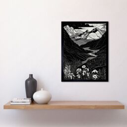 "Artery8 Wall Art Print Wildflowers in Spring Mountain Landscape Linocut Art Framed in Black - Size: W12"" x H16""" - thumbnail 2