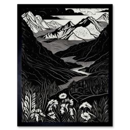 "Artery8 Wall Art Print Wildflowers in Spring Mountain Landscape Linocut Art Framed in Black - Size: W12"" x H16""" - thumbnail 1