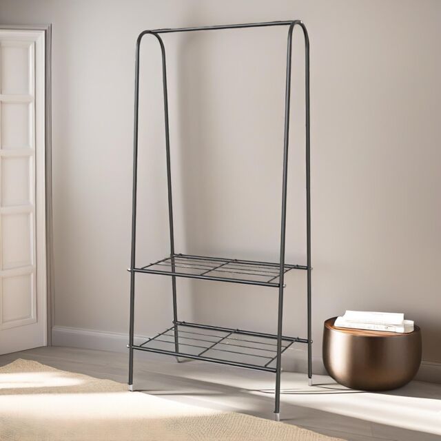 FURNOS Heavy Duty Metal Clothes Rail Open Wardrobe With 2 Shelves in Black - image 1