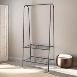 FURNOS Heavy Duty Metal Clothes Rail Open Wardrobe With 2 Shelves in Black - thumbnail 1