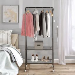 FURNOS Heavy Duty Metal Clothes Rail Open Wardrobe With 2 Shelves in Black - thumbnail 3