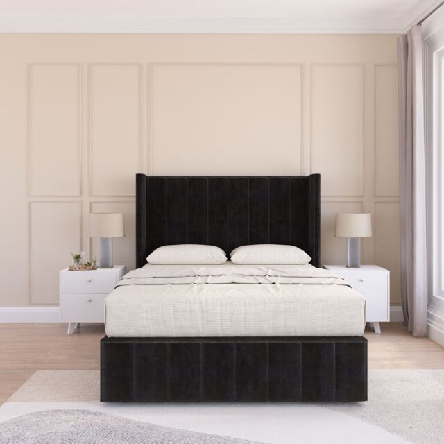 "Sloomy Melbourne Upholstered Wingback Bed Set With No Drawers & 54"" Floor standing Headboard -Plush Velvet in Black - Size: Small Single" - image 1