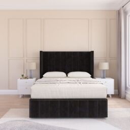 "Sloomy Melbourne Upholstered Wingback Bed Set With No Drawers & 54"" Floor standing Headboard -Plush Velvet in Black - Size: Small Single"