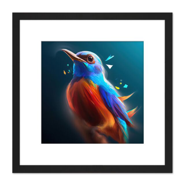 Artery8 Bird Portrait Bright Blue Orange Colourful Painting Square Wooden Framed Wall Art Print Picture 8X8 Inch in Black - image 1