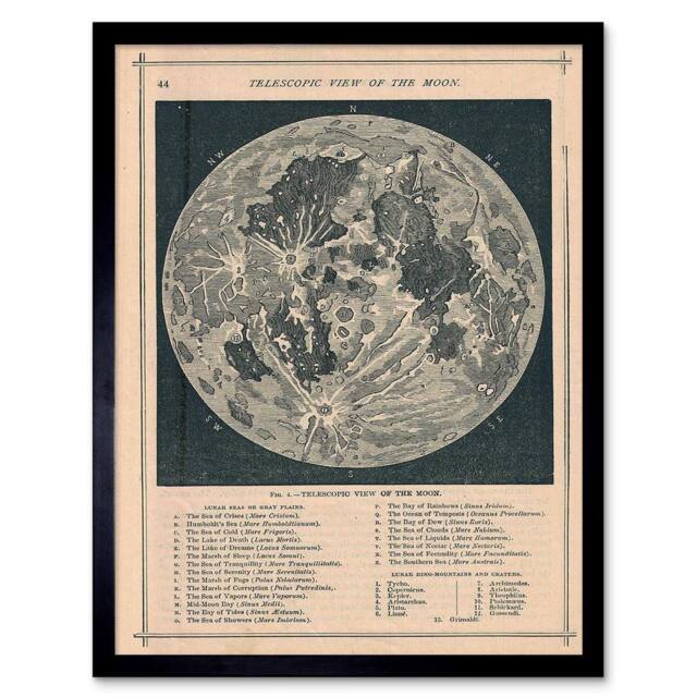 "Artery8 Geography Map Illustrated Antique Telescopic Moon Framed Art Print in Beige - Size: W12"" x H16""" - image 1