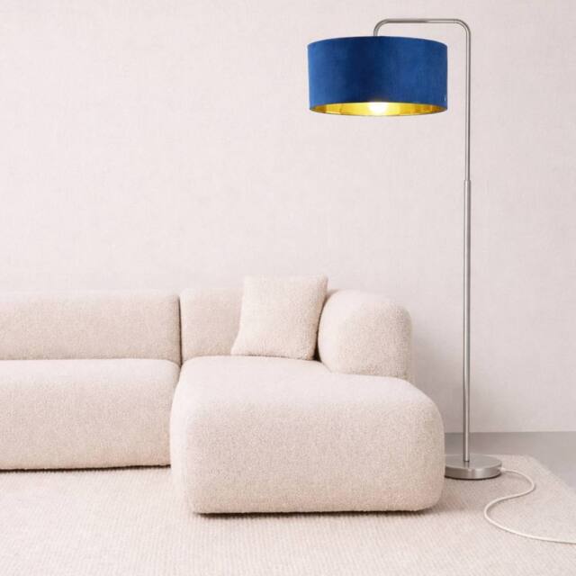 CGC Lighting Kyra Brushed Nickel Angled Floor Lamp with Large 45cm Velvet Lampshade in Navy - image 1
