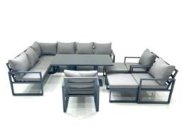 Fimous Aluminum Outdoor Garden Furniture Set Corner Sofa 3 Chair 2 Big Footstools Adjustable Rising Lifting Dining Table Sets Dark Grey - thumbnail 2