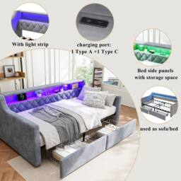 Rolipo Grey Velvet 3FT Single Daybed Sofa Bed with Drawers & LED Lights - thumbnail 4