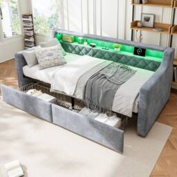 Rolipo Grey Velvet 3FT Single Daybed Sofa Bed with Drawers & LED Lights - thumbnail 5