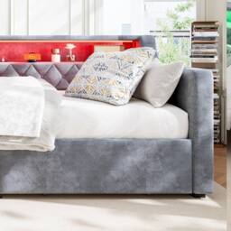 Rolipo Grey Velvet 3FT Single Daybed Sofa Bed with Drawers & LED Lights - thumbnail 7