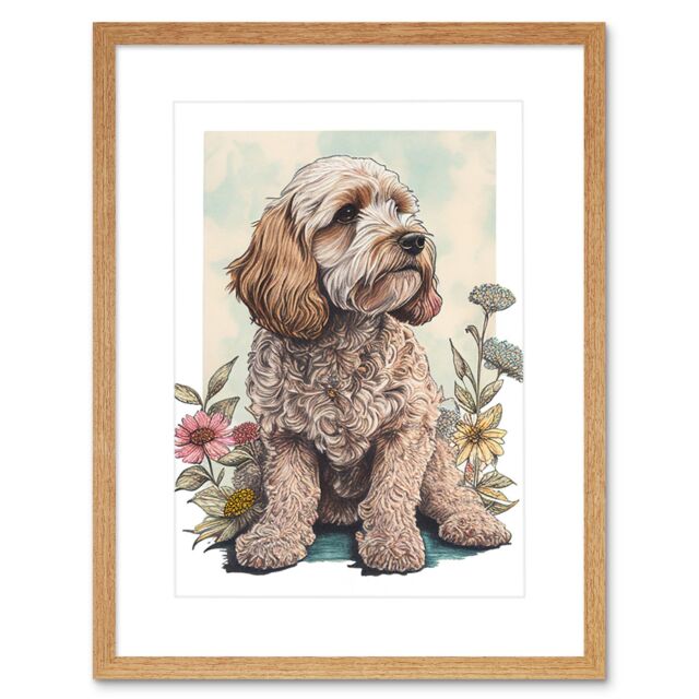 "Artery8 Wall Art Print Cockapoo Dog with Spring Wildflowers Soft Watercolour Artwork Framed 9X7 Inch in Beige - Size: W7"" x H9""" - image 1