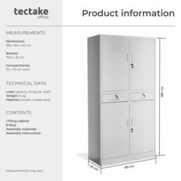 tectake Filing Cabinet Cosmo in Light Grey - Size: 1 Pack - thumbnail 6