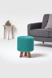 Homescapes Tall Cotton Knitted Footstool on Legs in Green - thumbnail 2