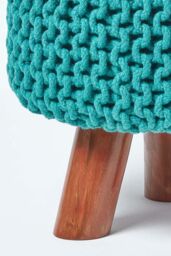 Homescapes Tall Cotton Knitted Footstool on Legs in Green - thumbnail 4