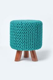 Homescapes Tall Cotton Knitted Footstool on Legs in Green - thumbnail 1