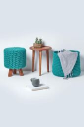 Homescapes Tall Cotton Knitted Footstool on Legs in Green - thumbnail 6