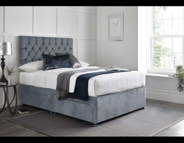 Sloomy Alaska Memory Foam Divan Bed Set With Mattress, 2 Drawers & Headboard Grey Plush - Size: Super King - image 1