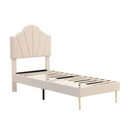 Merax 3ft Single Velvet Upholstered Bed with Shell Headboard in Beige - thumbnail 9