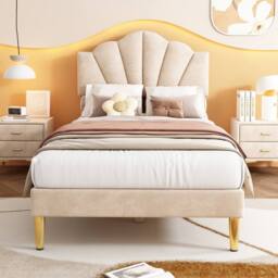 Merax 3ft Single Velvet Upholstered Bed with Shell Headboard in Beige - thumbnail 3