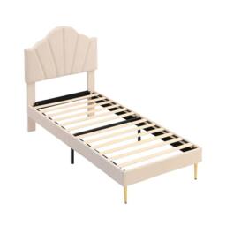 Merax 3ft Single Velvet Upholstered Bed with Shell Headboard in Beige - thumbnail 8
