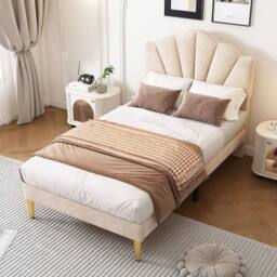Merax 3ft Single Velvet Upholstered Bed with Shell Headboard in Beige - thumbnail 4