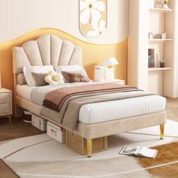 Merax 3ft Single Velvet Upholstered Bed with Shell Headboard in Beige - thumbnail 2