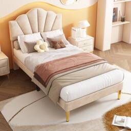 Merax 3ft Single Velvet Upholstered Bed with Shell Headboard in Beige