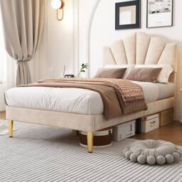 Merax 3ft Single Velvet Upholstered Bed with Shell Headboard in Beige - thumbnail 5