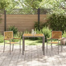 Berkfield Home 3 Piece Garden Dining Set Grey Poly Rattan Acacia - thumbnail 4