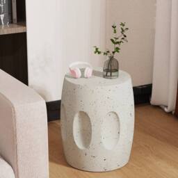 VOGREX Lightweight Drum Concrete Garden Stool, Side Table in Grey - thumbnail 5