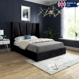 KDMD Cocoon Wide Curved Winged Upholstered Soft Velvet Designer Bed Frame in Black - Size: Small Double - thumbnail 2