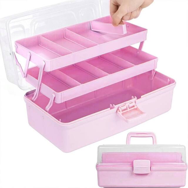 VOGREX Pink 3-Layer Portable Craft Storage Box With 2 Trays - image 1